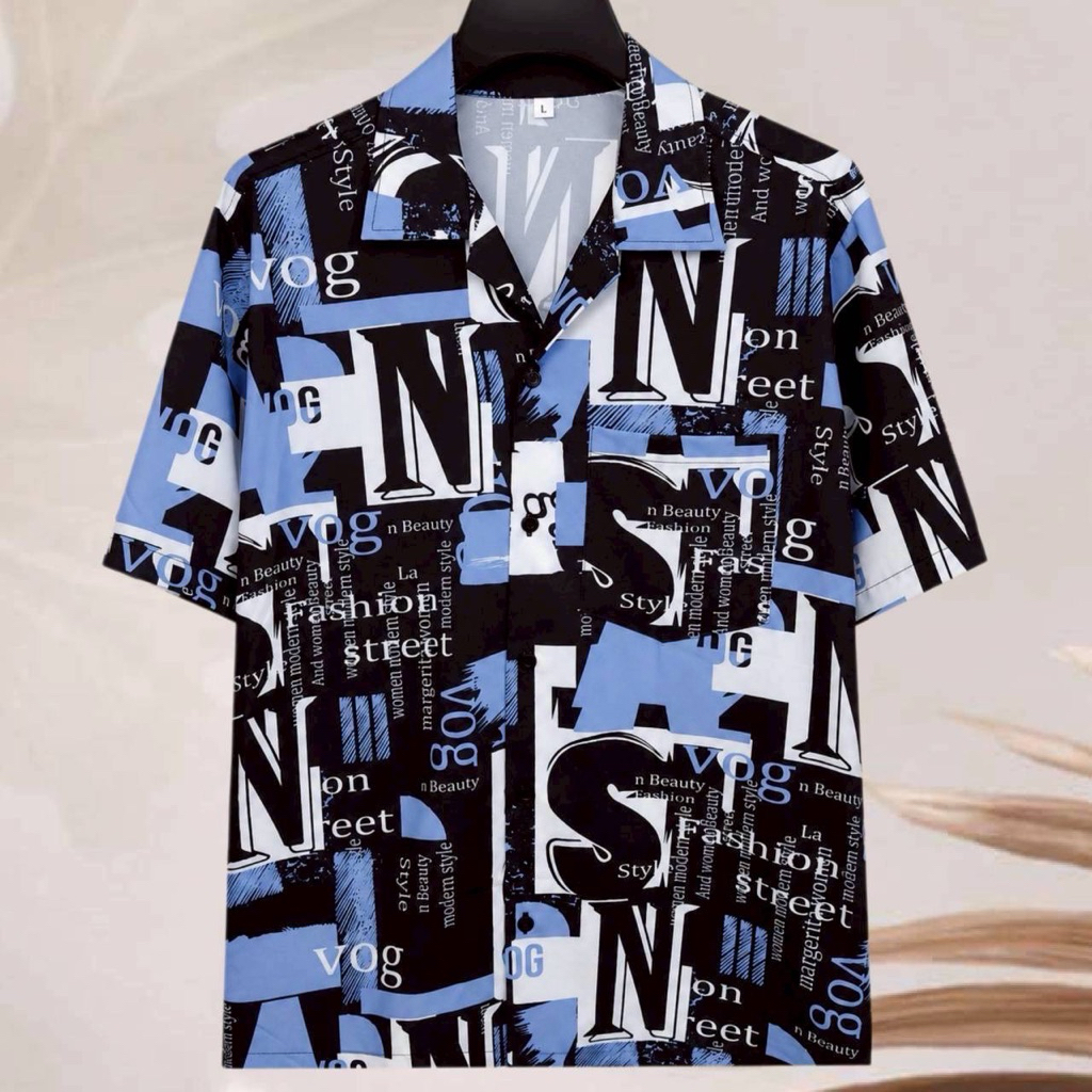 เสื้อเชิ้ตฮาวาย ลายศัพท์อังกฤษเท่ๆ (พื้นสีดำเทา) ผ้าไหมอิตาลี