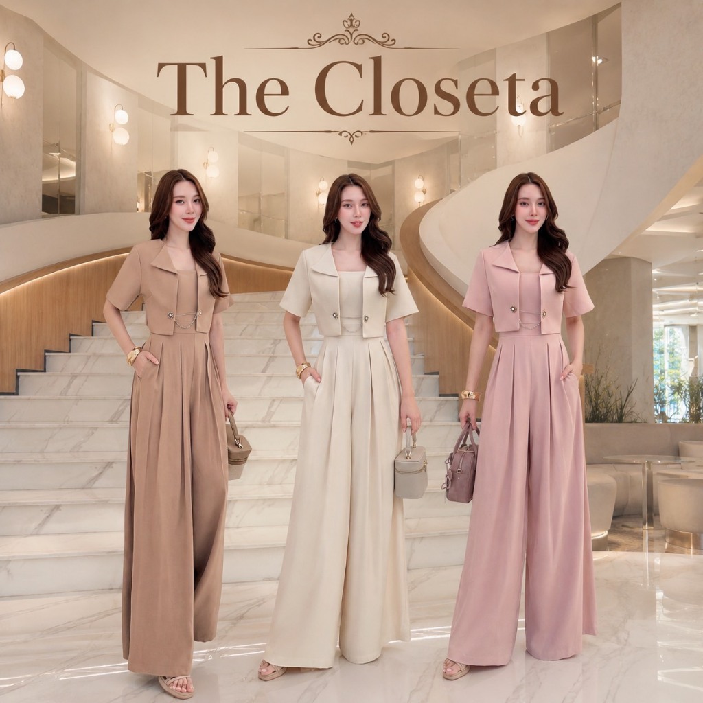 THE CLOSETA : LB652 ชุดจั๊มสูทขายาว พร้อมเสื้อคลุมแขนสั้นทรงครอป