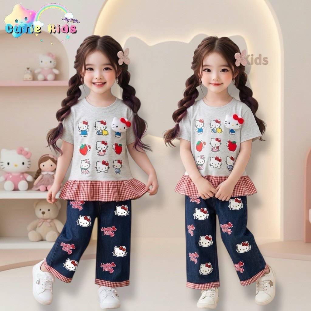 ชุดเซ็ตเสื้อลายคิตตี้มีระบาย พร้อมกางเกงยีนส์ลายคิตตี้ ป้าย Cutie Kids (พร้อมส่ง)