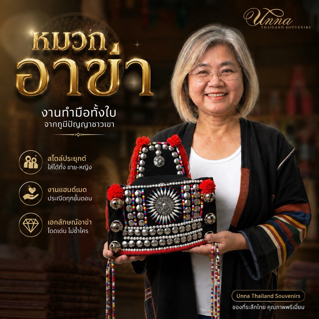 หมวกพื้นเมือง หมวกชาวเขา ชุดชาวเหนือ งานเย็บมือ ประดับลูกเดือยหิน โลหะสีเงิน ติดกระดิ่ง ติดพู่ปอมปอมสีแดง ตัวหมวกสีดำ...