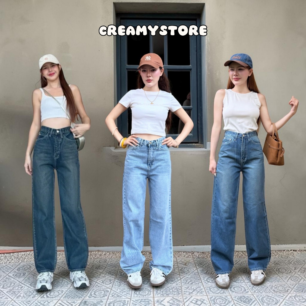 Creamystore กางเกงยีนส์ขากระบอกกลาง ผ้าไม่ยืด ป้ายYam' jeans🍨