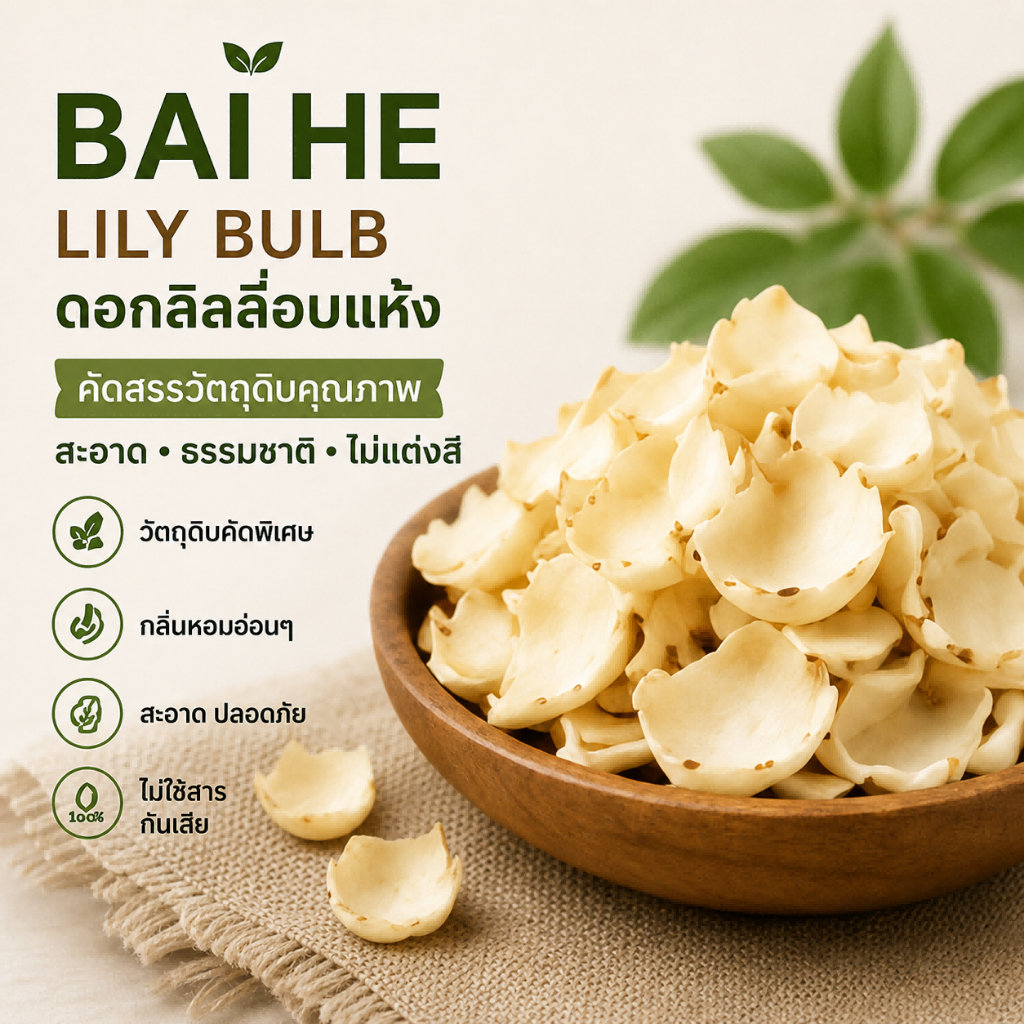ดอกลิลี่แห้ง ไบ่เหอ Bai He Lily Bulb สมุนไพรจีนธรรมชาติ ไม่มีกำมะถัน ต้มซุป ต้มชา ทำขนม