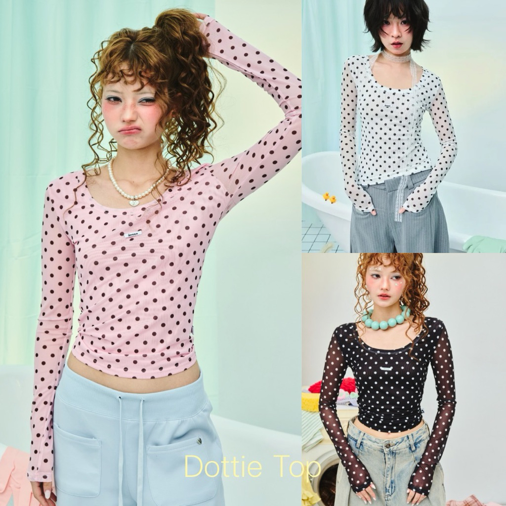 AMUSE BKK - Dottie Top เสื้อแขนยาวผ้าตาข่ายซีทรูพิมพ์ลายจุดเนื้อนุ่ม ทรงเข้ารูป ด้านหน้าซับในสองชั้น