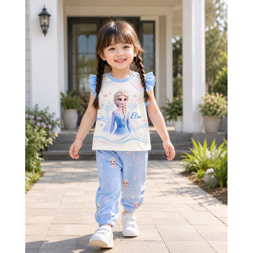 ชุดเด็กผู้หญิงแขนสั้นกางเกงขายาวลายเจ้าหญิงผ้านุ่มใส่สบายBBkids
