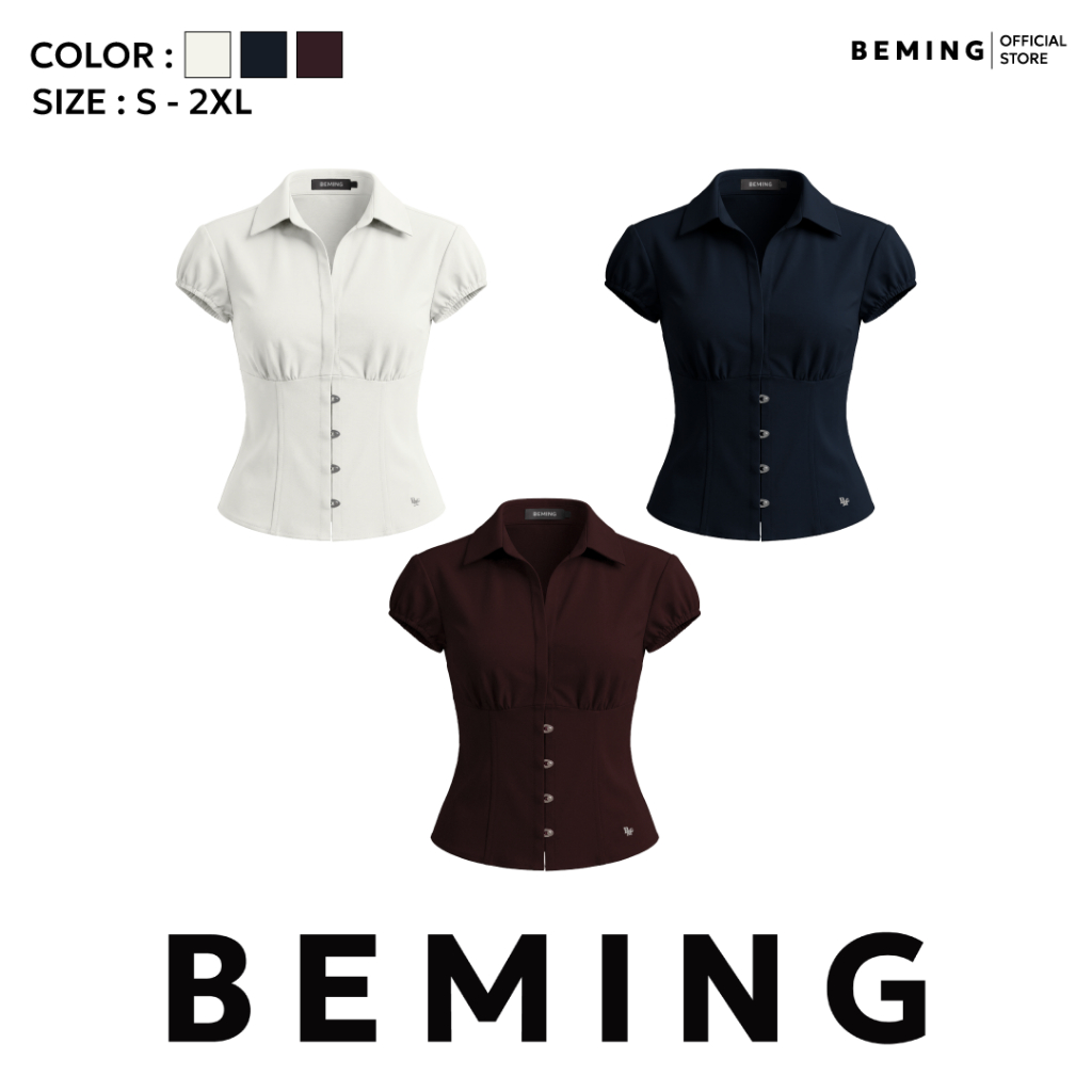Bemingtop1262(S–2XL) - Corset Top – เสื้อเชิ้ตแขนสั้นทรงคอร์เซ็ตเน้นเอวเพิ่มลุคเรียบหรูในทุกวัน