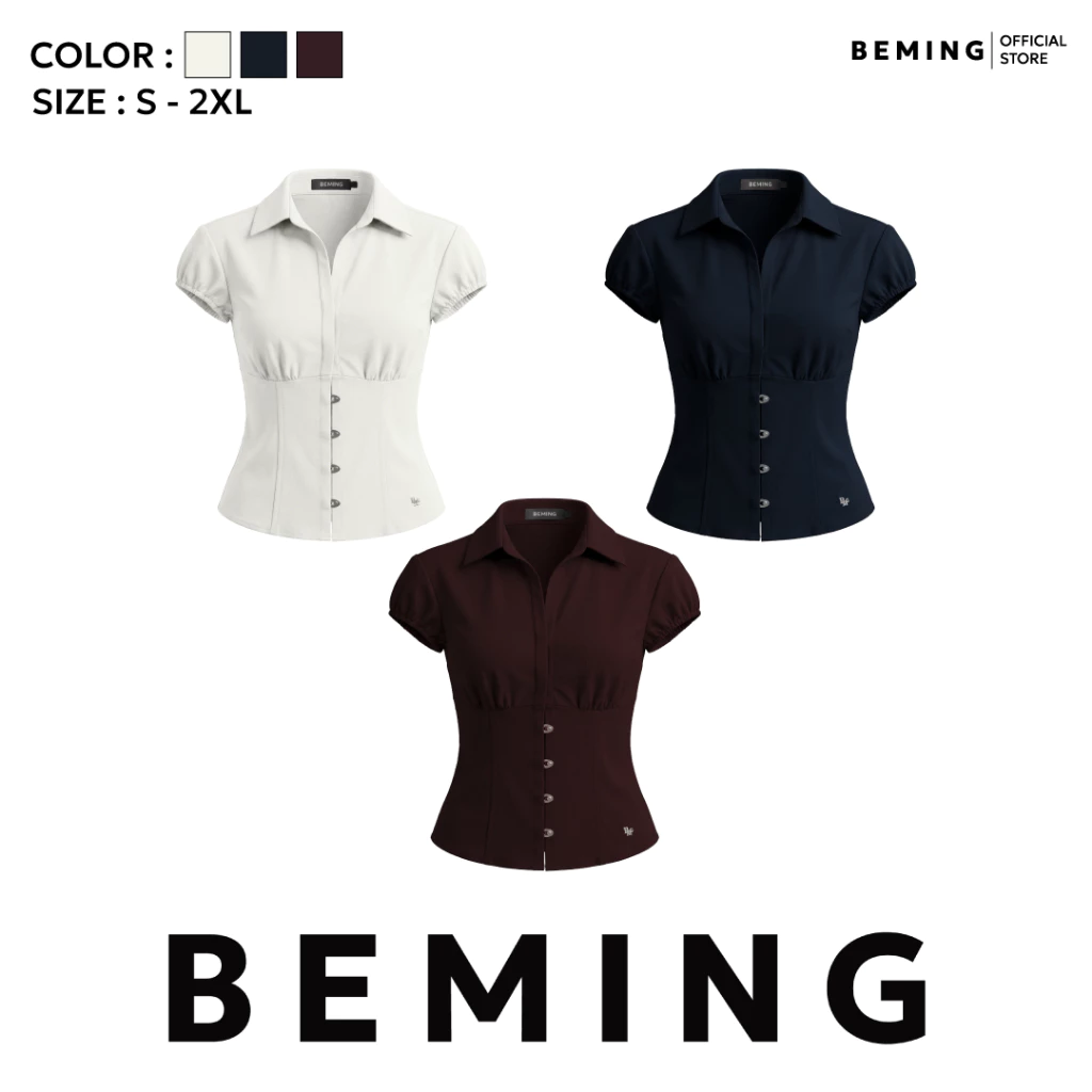 Bemingtop1262(S–2XL) - Corset Top – เสื้อเชิ้ตแขนสั้นทรงคอร์เซ็ตเน้นเอวเพิ่มลุคเรียบหรูในทุกวัน
