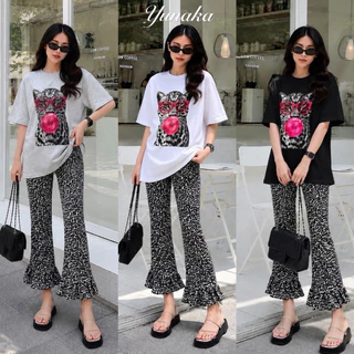 เซทเสื้อยืดคอกลมแขนสั้น ทรง Oversize งานสกรีนกลางอก มาพร้อมกางเกงขายาว6ส่วน ทรงขาม้าเข้ารูป