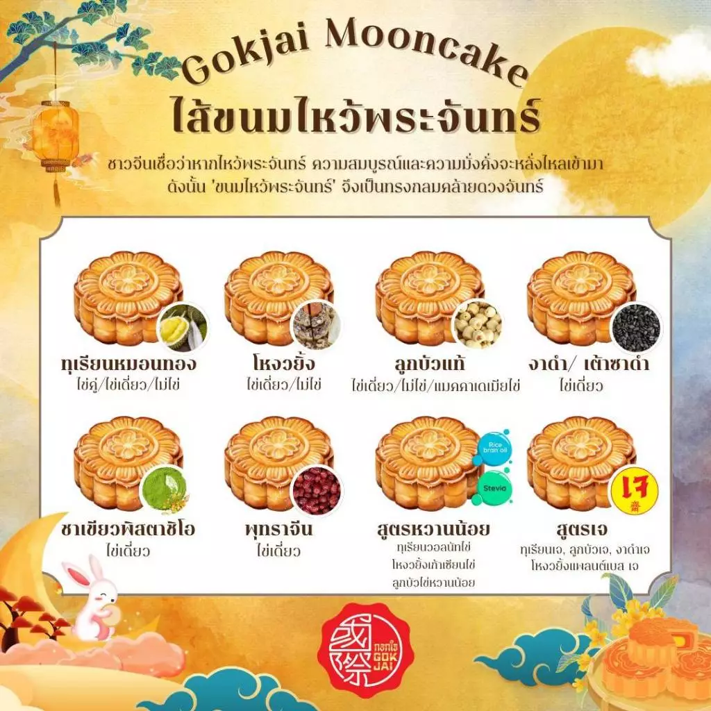 ขนมไหว้พระจันทร์ กอกใจ @Gokjai เลือกไส้ที่ชอบ กล่องที่ใช่ ขนาด 170g 1st Durian, 1st LowSugar &Plantbased Mooncake of TH