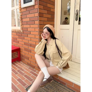 เสื้อJacket ทรงครอป ดีเทลกระเป๋าหน้า2ข้าง งานผ้า ยีนส์ Cotton ทรงสวย