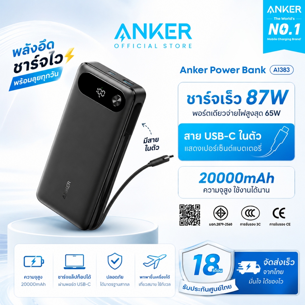 [CCC]ANKER PowerBank 20000mAh 87W Charging Built-in USB-C Cable พาวเวอร์แบงค์ 3 พอร์ต รองรับ iPhone 18 Pro / Duo A1383