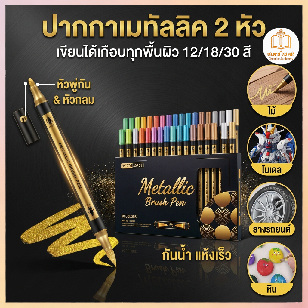 Chokdee ปากกาเมทัลลิค 2 หัว Metallic Color Marker ปากกามาร์กเกอร์ สีทองสีเงิน สีโลหะ กันน้ํา แห้งไว