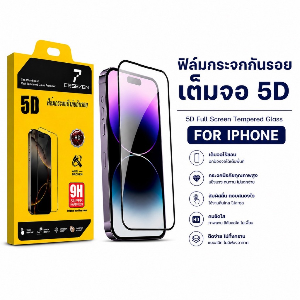 JC168 (005) CRSEVENฟิล์มกระจกกันรอยเต็มจอ แบบ 5Dงานเกรด A สำหรับ iPhone 16 16Plus 16E 15Plus 14Promax 13mini 12Pro