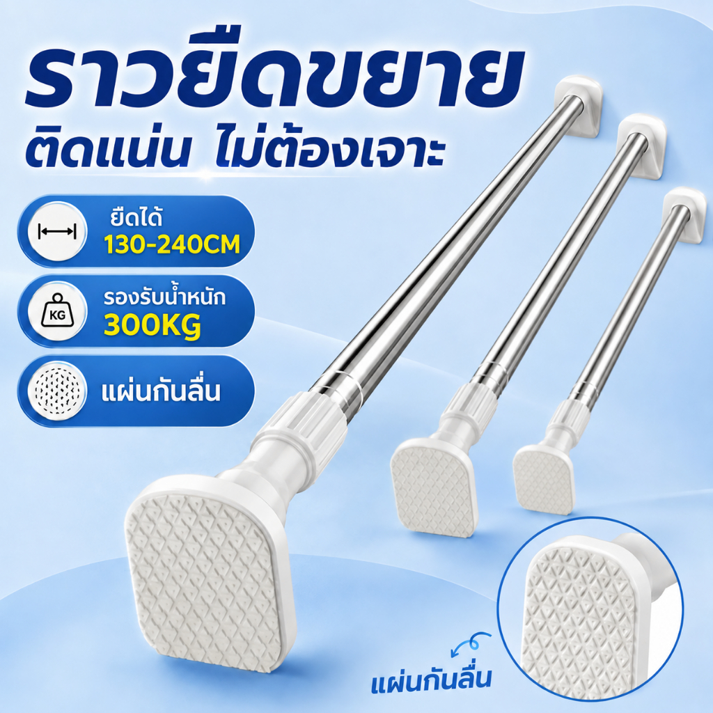ราวผ้าม่านไม่ต้องเจาะ ราวม่านสแตนเลส ไม่ต้องเจาะผนัง 50-240c
