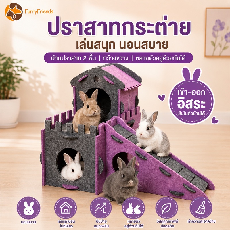 บ้านกระต่าย ปราสาทกระต่าย 2 ชั้น บ้านสัตว์เล็ก พร้อมทางลาด ปีนป่าย ซ่อนตัว ผ้าสักหลาด ประกอบง่าย