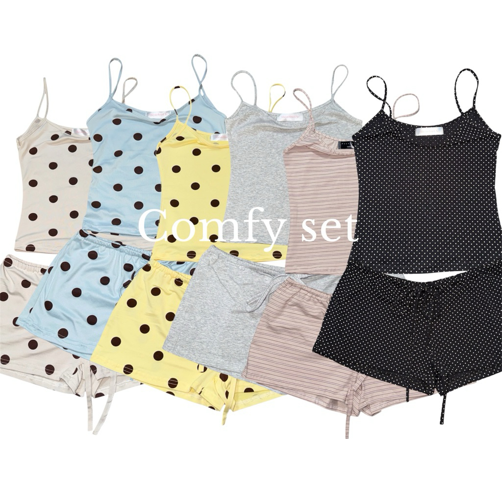 เสื้อสายเดี่ยวลายจุด,งานเซทคู่กางเกง ผ้า Cotton Spandex เนื้
