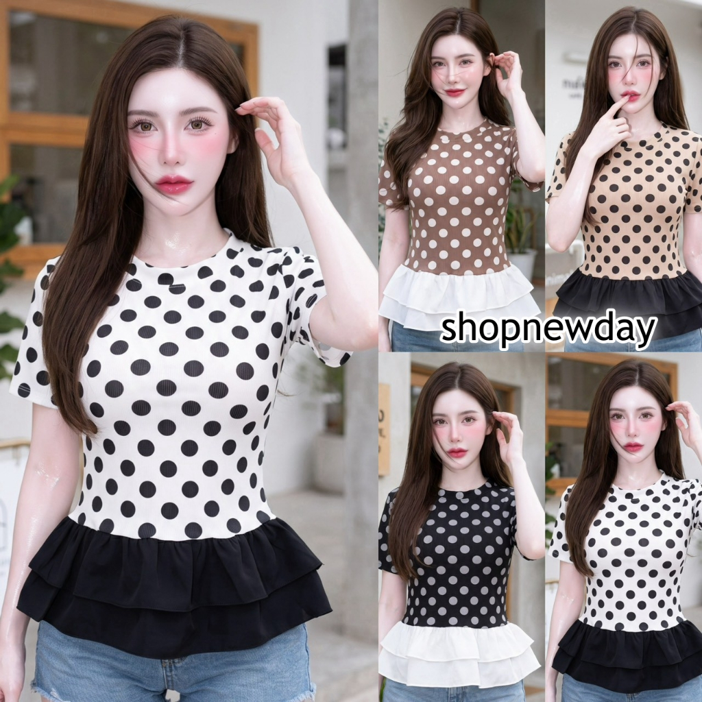 เสื้อแฟชั่น ผ้าร่องพรีเมี่ยม พิมพ์ลาย (Polka Dot) ชายแต่งระบายผ้าไหมอิตาลี ใส่สบาย ใส่แมท สายคาเฟ่  LG386