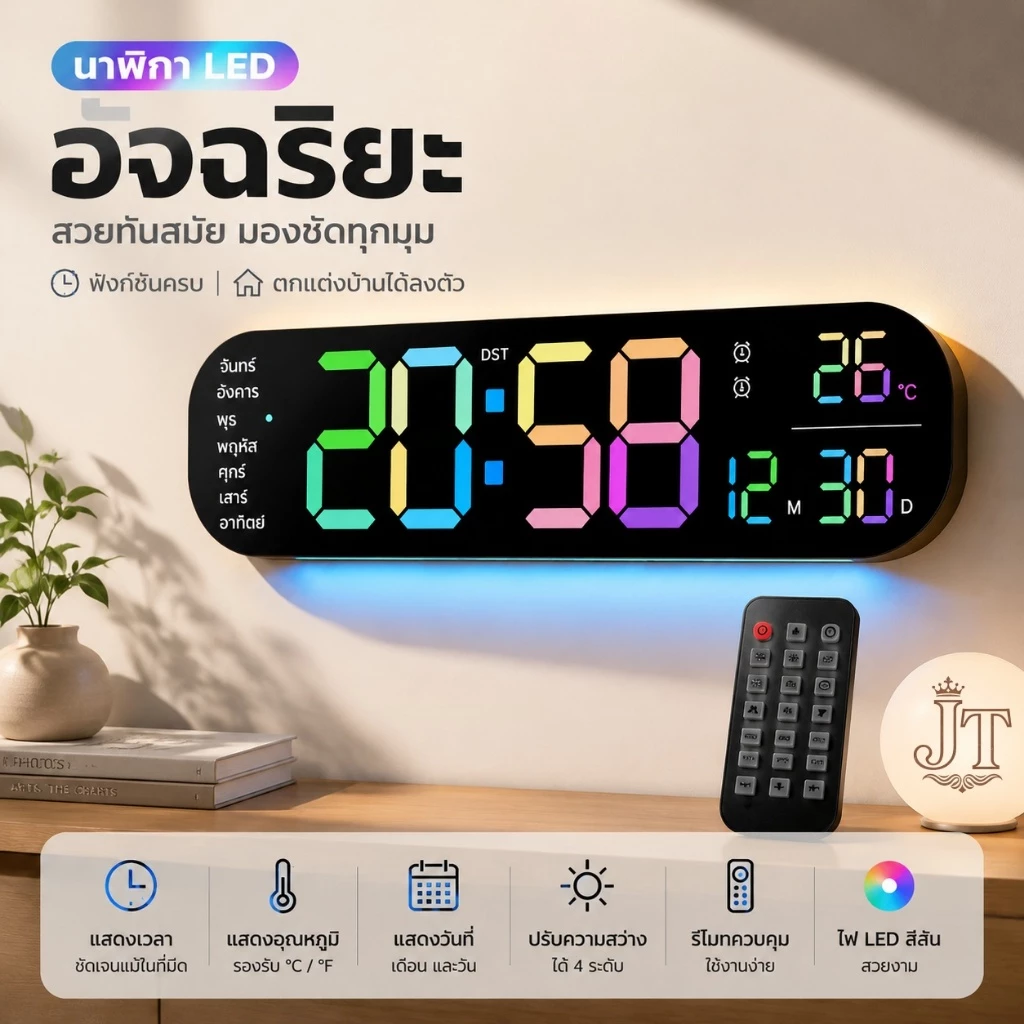 นาฬิกาดิจิทัลอัจฉริยะ จอ LED RGB แสดงสีสันสวยงาม แสดงเวลา อุณหภูมิ ปลุกตื่น มีรีโมทคอนโทรล โหมดกลางคืน สะดวกใช้