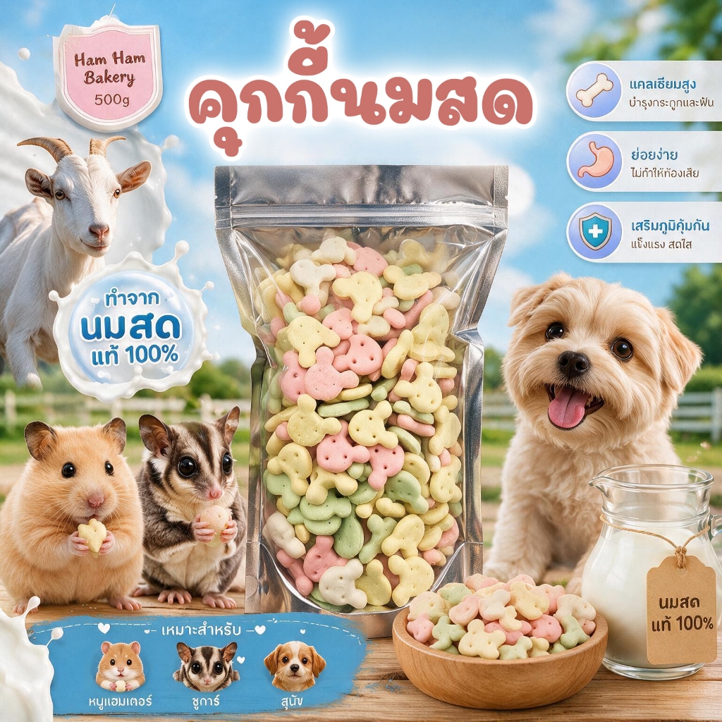 คุกกี้นมสดหมี Ham Ham Bakery คุกกี้นมสด 500g. หมีพาสเทล ขนมสำหรับชูการ์ หนูแฮมเตอร์ กระต่าย หนูแกสบี้ สุนัข