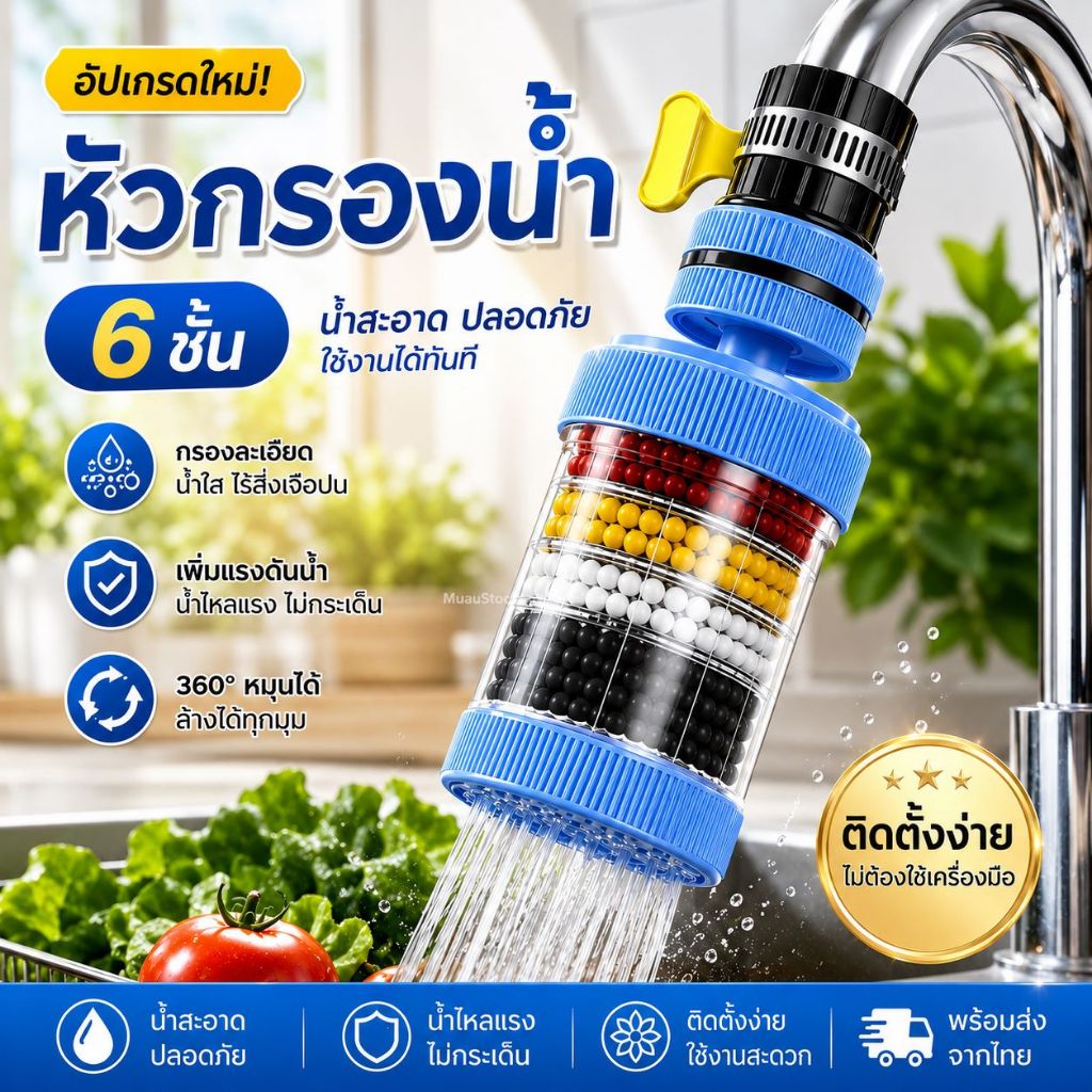หัวกรองก๊อกน้ำ 6 ชั้น หมุนได้ 360° ลดน้ำกระเด็น ติดตั้งง่าย สำหรับก๊อกน้ำห้องครัว