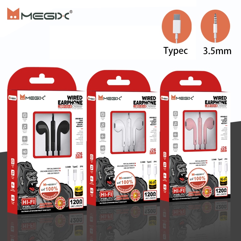 Megix J26-Y26 หูฟังอินเอียร์มีสาย 3.5mm/Type-C เบสหนัก มีไมค์รับสาย สายทนทาน ใช้งานได้กับมือถือแอนดรอยด์ทุกยี่ห้อ