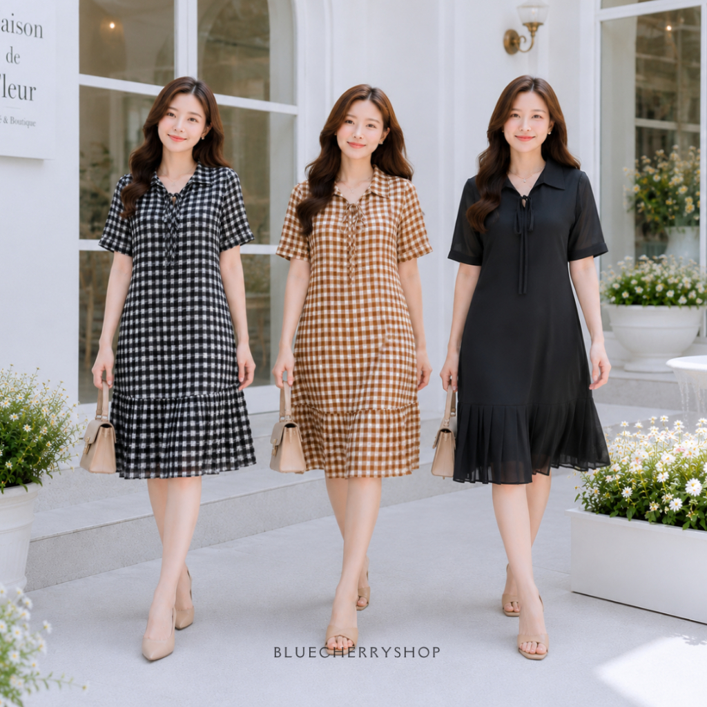 ชุดเดรสผลิตจากผ้าชีฟองเนื้อละเอียด ปกชายจีบ สวยเหมือนสั่งตัด มีไซส์ รอบอก 38,40,42,44,46 นิ้ว brand bluecherry
