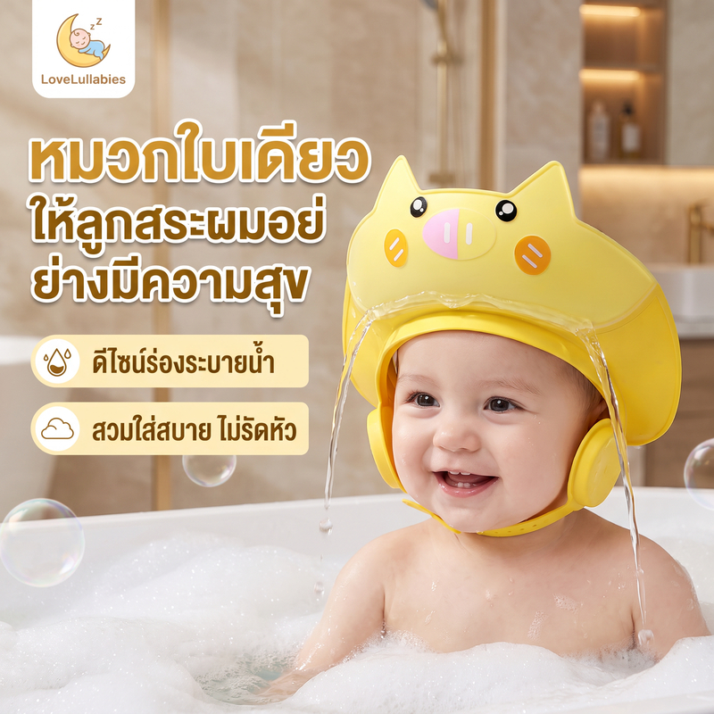 Love&Lullabies หมวกอาบน้ำเด็ก กันน้ำเข้าตา ป้องกันแชมพูเข้าตา-เข้าหู วัสดุนุ่ม ปรับขนาดได้หลายระดับ สำหรับเด็ก 0-12 ปี