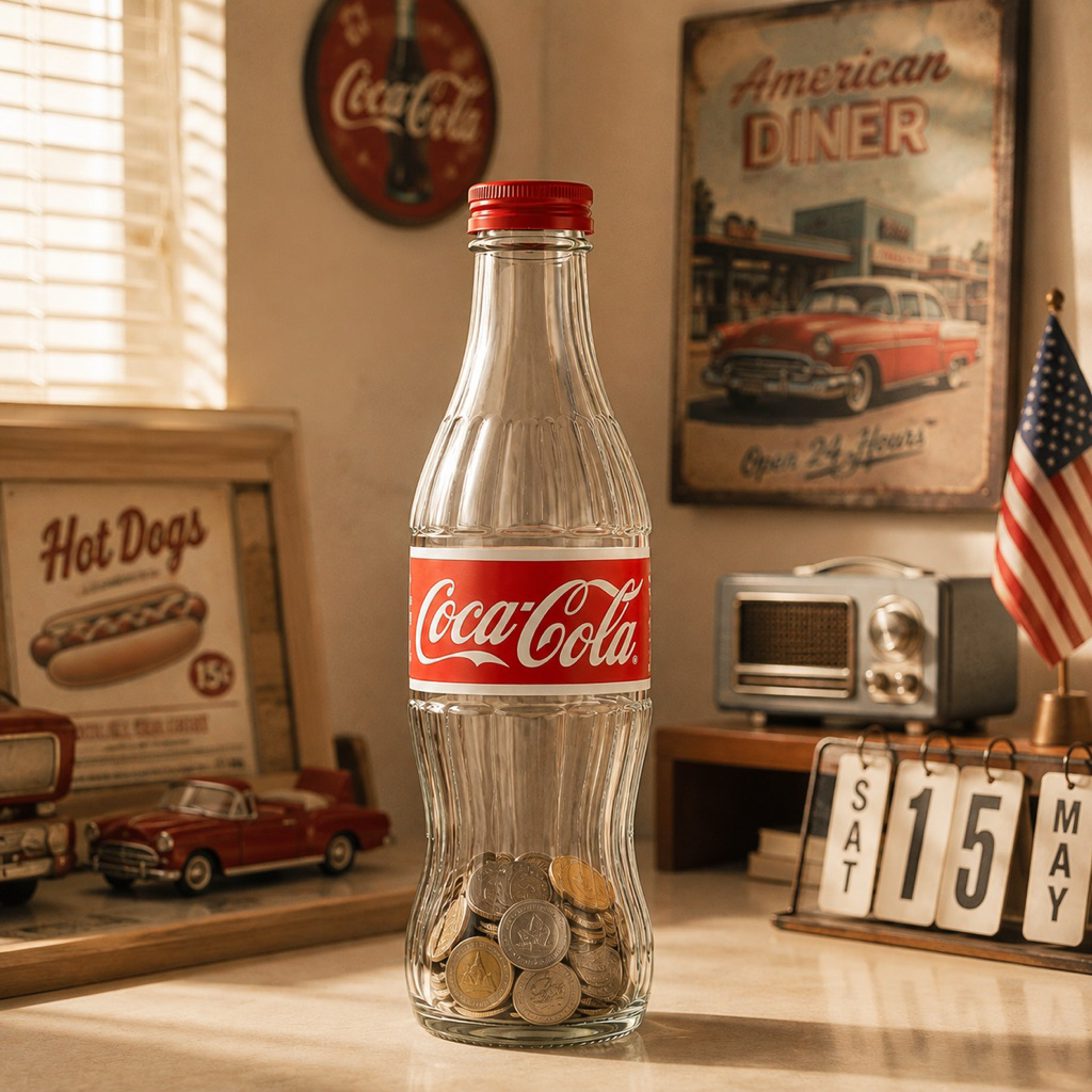 กระปุกออมสินขวดแก้ว Coca-Cola สไตล์วินเทจอเมริกัน ขนาด 30 cm. ขวดเก็บเหรียญ กระปุกออมสิน ของสะสม ของ