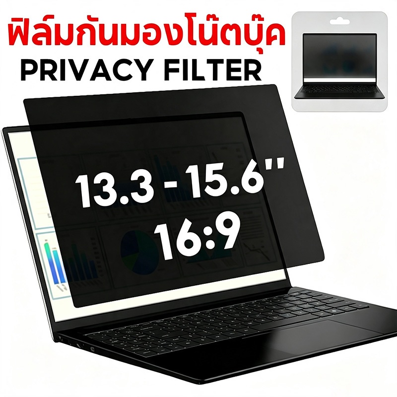 ฟิล์มกันมองแล็ปท็อป Privacy Filter 16:9 ฟิล์มกรองความเป็นส่วนตัว ป้องกันสายลับ ขนาด 13.3/14/15.6 นิ้ว