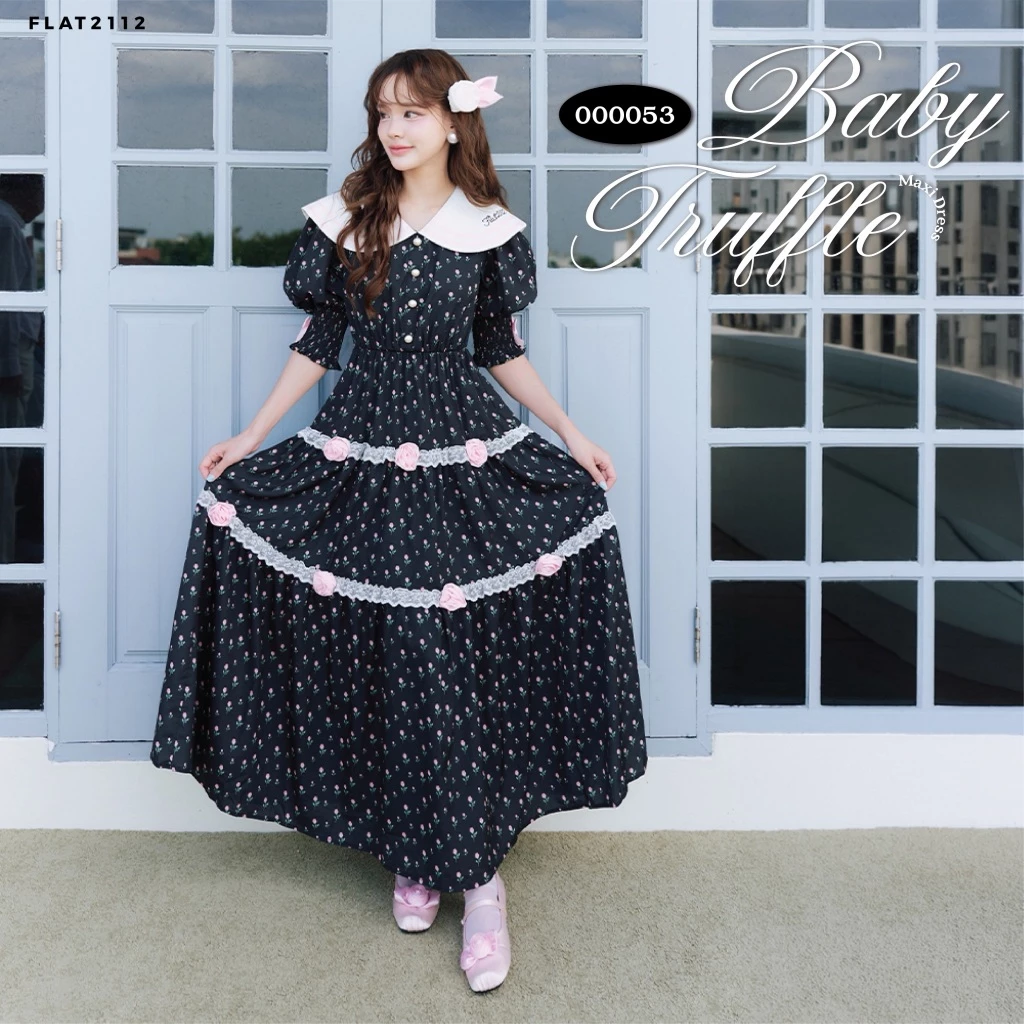 FLAT2112 : BABY TRUFFLE MAXI DRESS เดรสยาวสีดำลายดอกกุหลาบชมพู เดรสยาวแม็กซี่สไตล์คุณหนู เดรสแต่งลูกไม้ (000053)