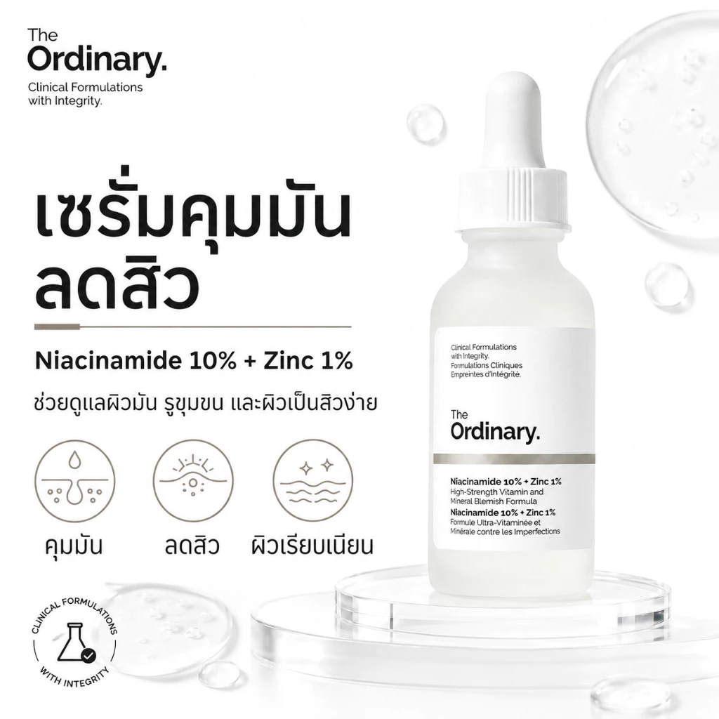 The Ordinary Niacinamide 10% + Zinc 1% เซรั่มบำรุงผิวมัน สิว รูขุมขนกว้าง ผิวหมองคล้ำ 30ml ของแท้