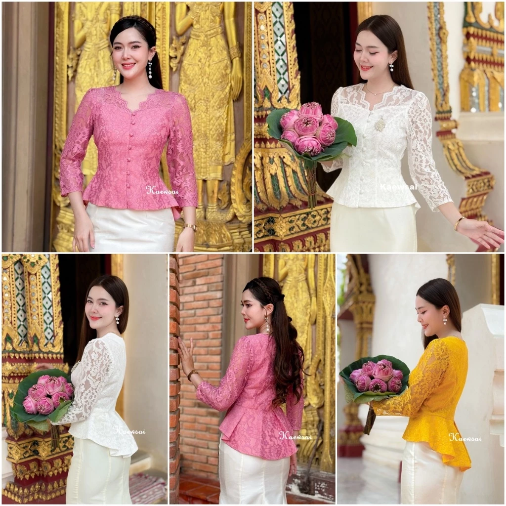 เสื้อรุ่น-พลอยไพลิน (K) ดีไซน์สุดเก๋ ระบายด้านหลัง กระดุมหน้าแกะได้ ใส่ออกงาน งานบุญ งานบวช งานแต่ง เรียบหรู