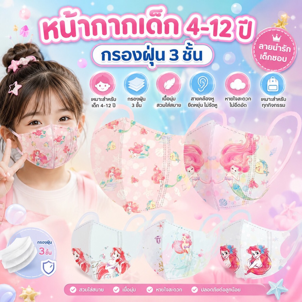 พร้อมส่ง🇹🇭กทม หน้ากากอนามัย เด็ก 4-12 ปี กรองฝุ่นละออง 3 ชั้น จำนวน 1 แพค(มี 10 ชิ้น) ซีลแยกทุกชิ้น เลือกลายได้