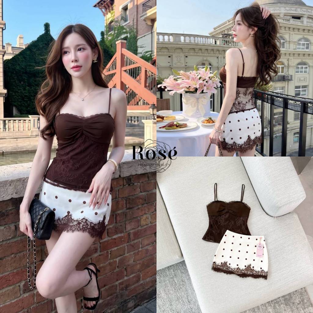 ROSE Set เสื้อสายเดี่ยวลูกไม้ซีทรูหลัง+กระโปรงทรงสั้นสีครีม
