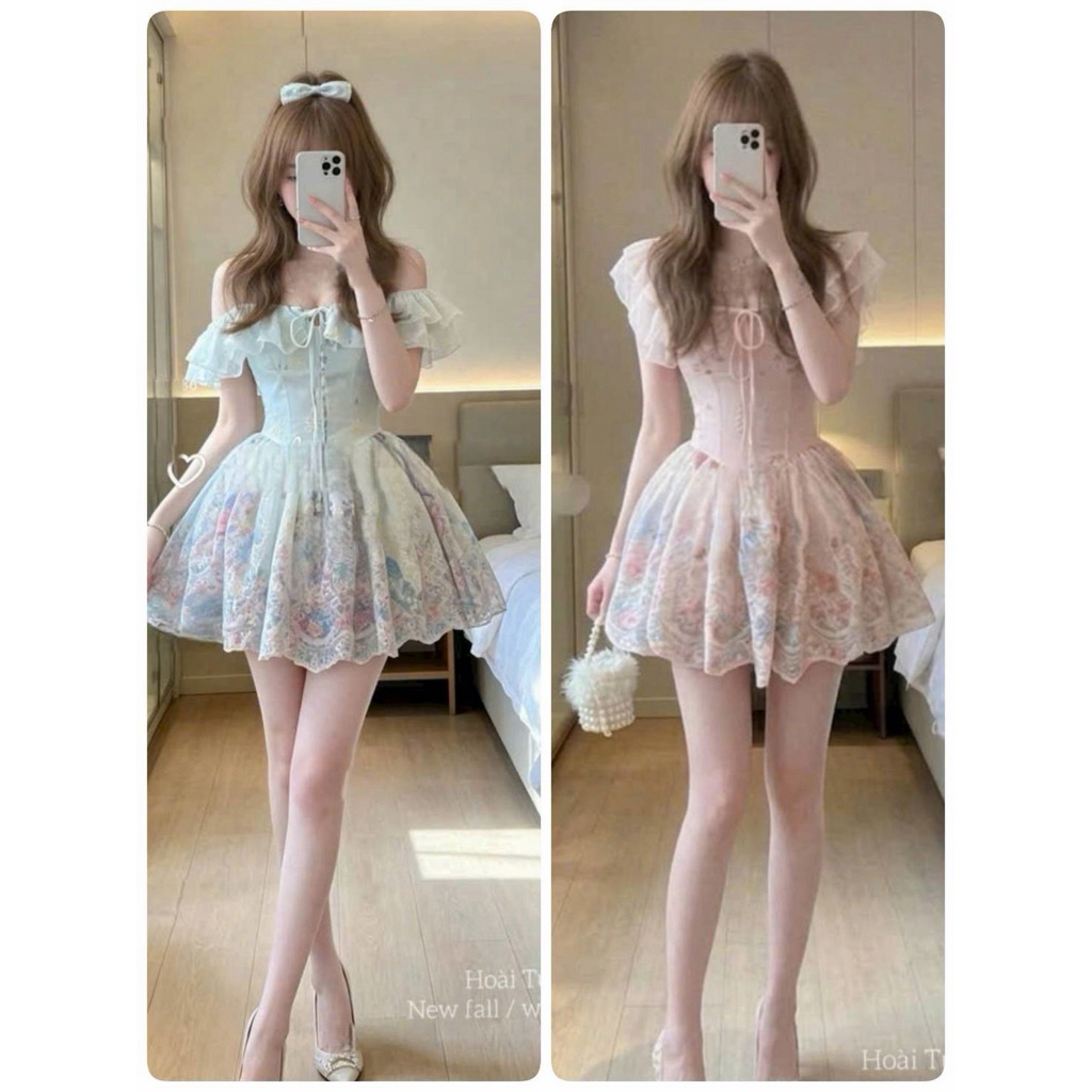 เดรสสั้น เดรสปาดไหล่ ผ้าฉลุ สีฟ้า สีชมพู มีกางเกงตัวใน งานป้าย เวียดนาม