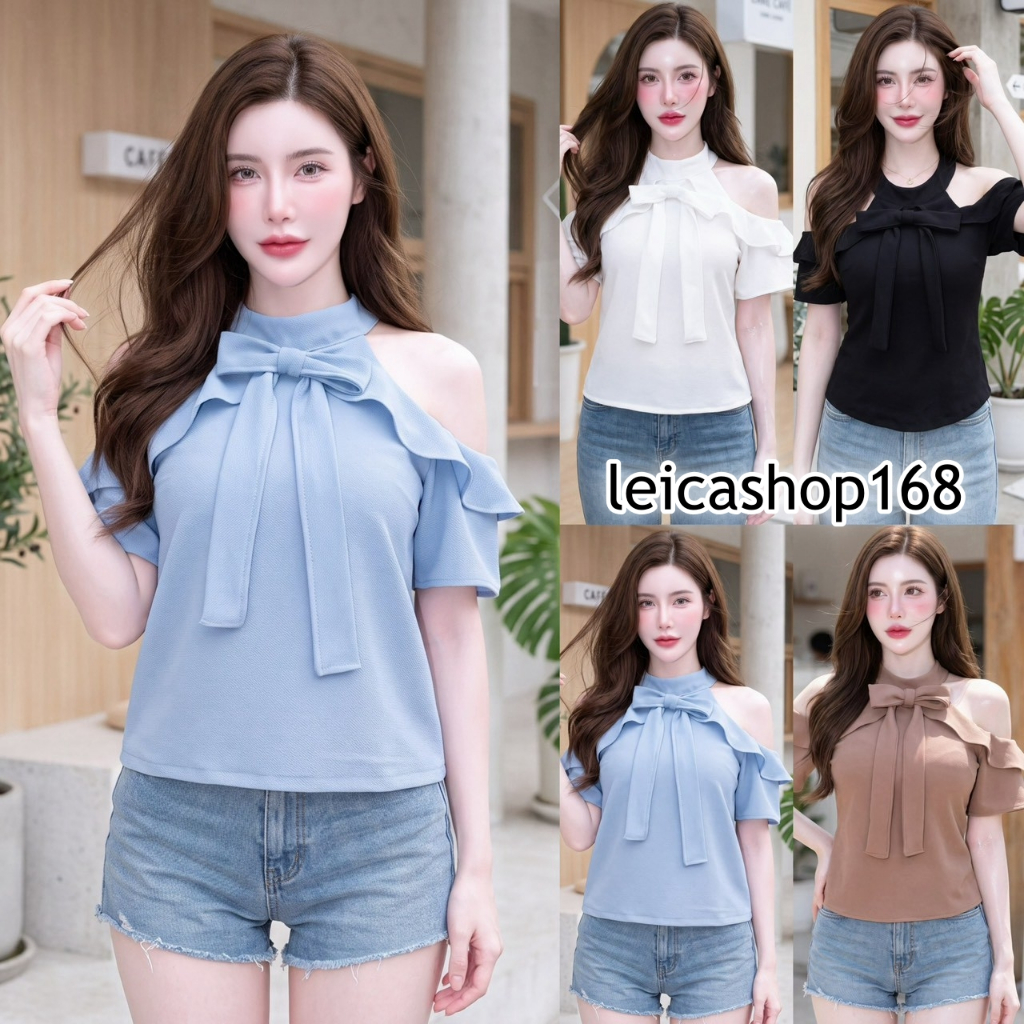 สินค้าพร้อมส่ง เสื้อแฟชั่น ผ้าวูลเวฟ เว้าแขน กระดุมคอ แต่งระบาย แต่งโบว์หน้า ใส่แมท LG396