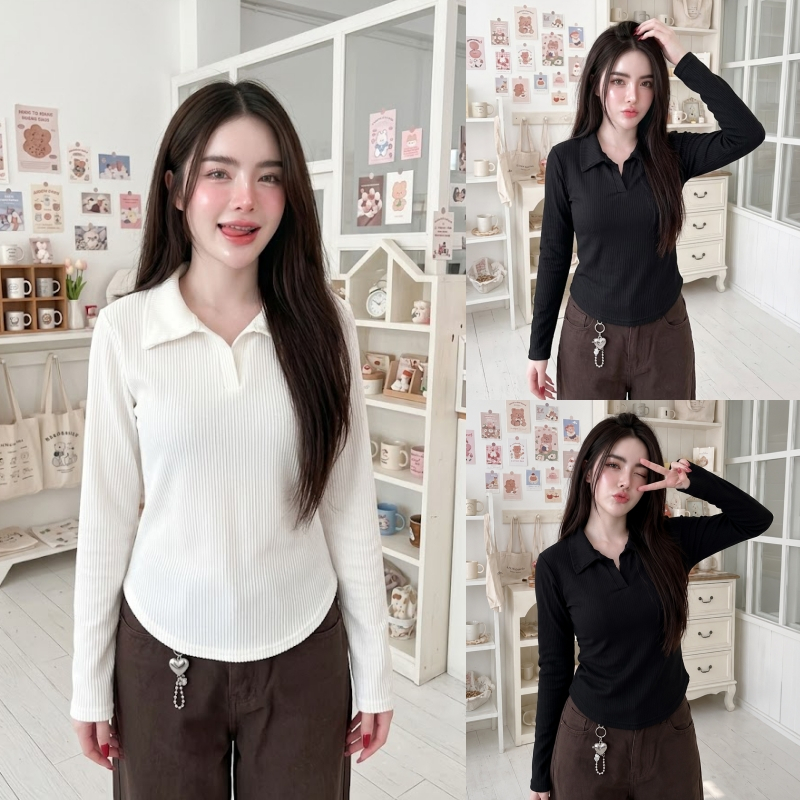 🌈SpinnyHouse🌈เสื้อแขนยาว คอปก ทรงคอโปโล ผ้าร่องยืด เรียบหรู สไตล์มินิมอล มีไซส์ M-XL เสื้อใส่ทำงาน รุ่น แขนยาวCozy