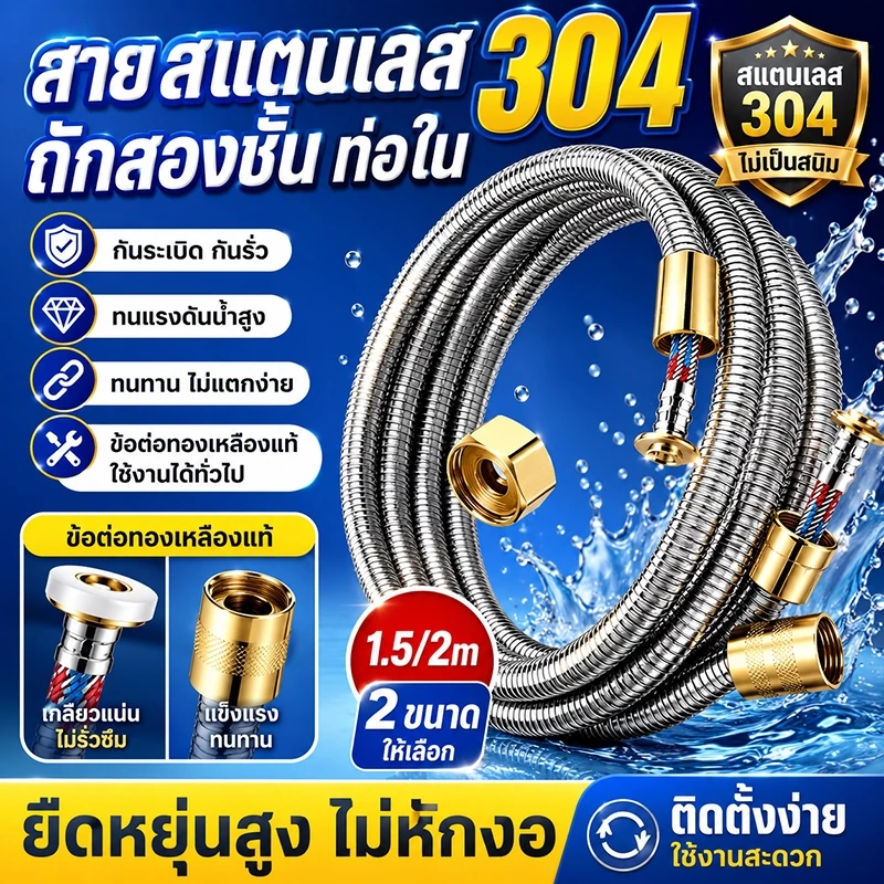 💥นใช้งานได้ 30 ปี💥 สายฝักบัว อาบนํ้า ข้อต่อแบบสากล หมุนแล้วใช้ได้ทันที 304แท้ 1.5/1.2m สายชำระ สายน้ำดี