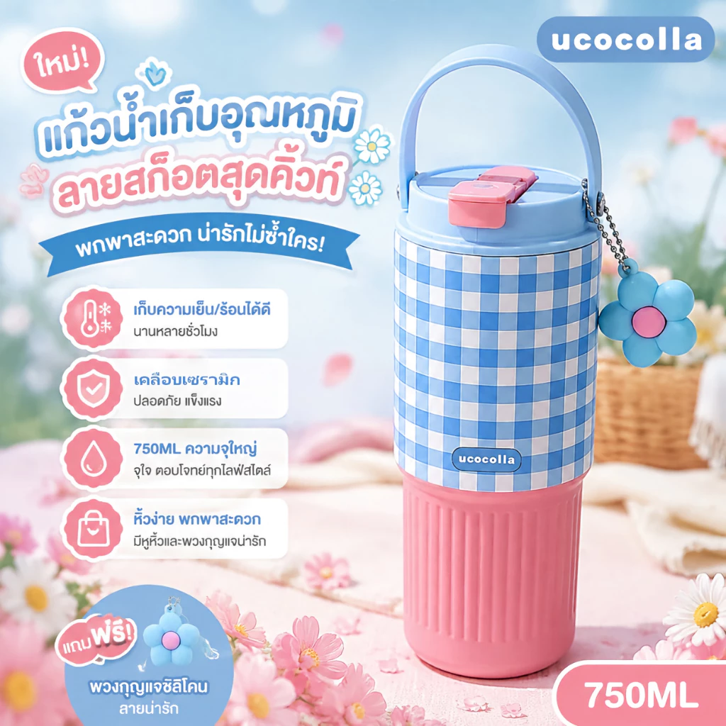 UCOCOLLA กระติกน้ำเคลือบเซรามิก 750ml มีหูหิ้ว ดื่ม2แบบ เก็บร้อน6ชม. เก็บเย็น12ชม. สแตนเลส316 ป้องกันรั่ว รูปแบบลายสก๊อต