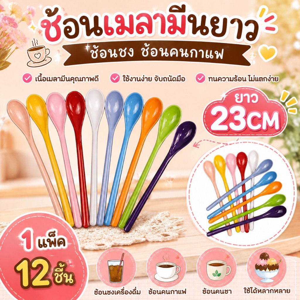 [ยกแพ็ค12ชิ้น] ช้อนเมลามีน ช้อนชง (สั้น15cm) (ยาว23cm) ทนความร้อน หนา เเข็งแรง ใช้งานง่าย คละสี