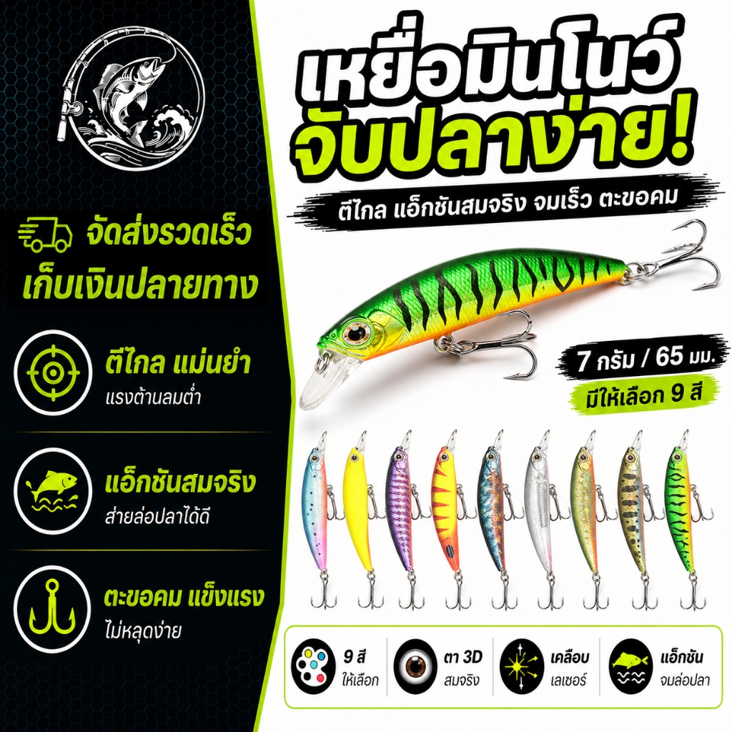 เหยื่อตกปลา ลาพลาสติก เหยื่อเบส Minnow Sinking Lure ปลอม 6.5 กรัม 7 ซม. พร้อมตะขอ 2 ชิ้น นตกปลาล