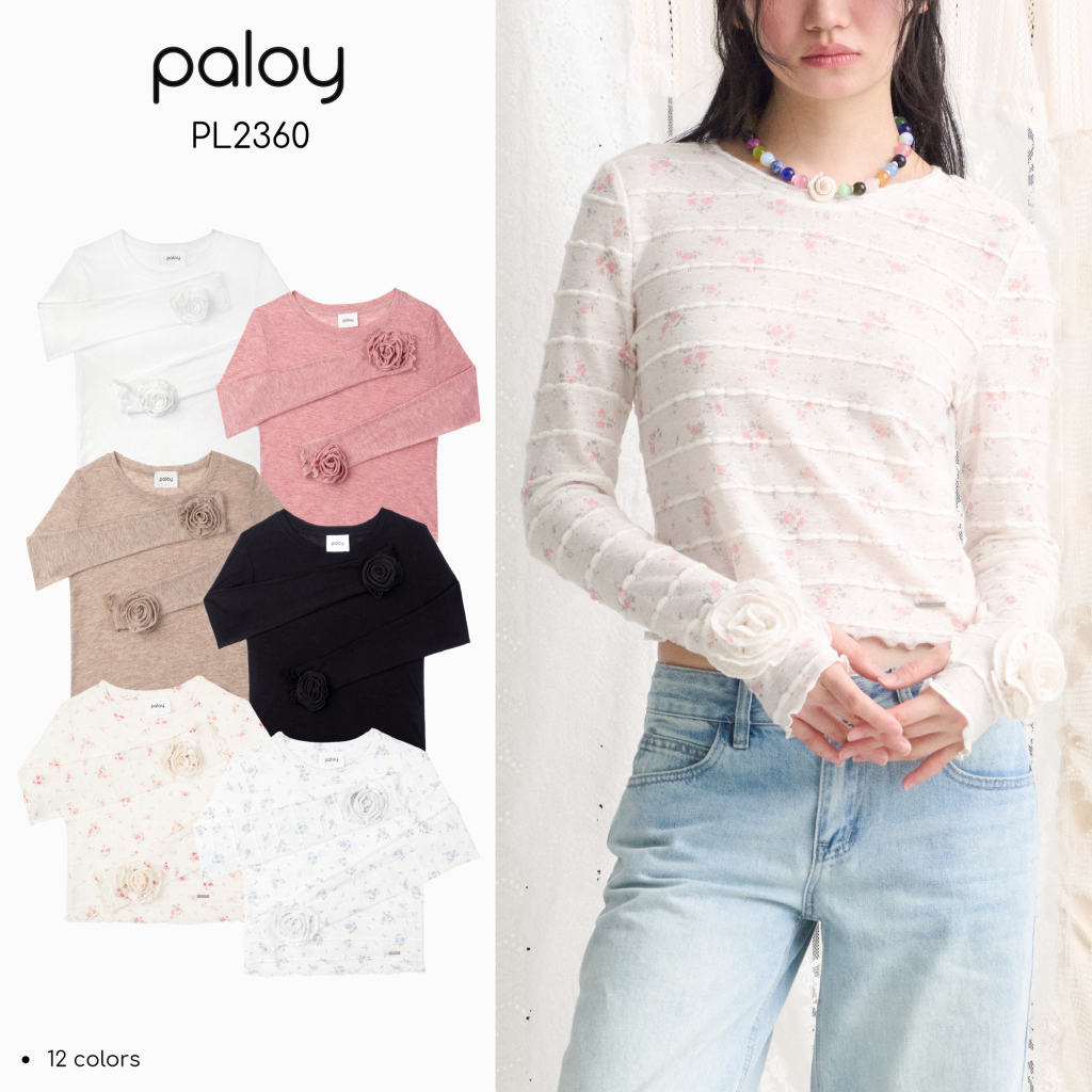 [Best Seller] Paloy - PL2360 Camellia Top เสื้อดอกคามิเลีย เสื้อแขนยาว ทรงเข้ารูป ปลายแขนแต่งดอกคามิเลีย