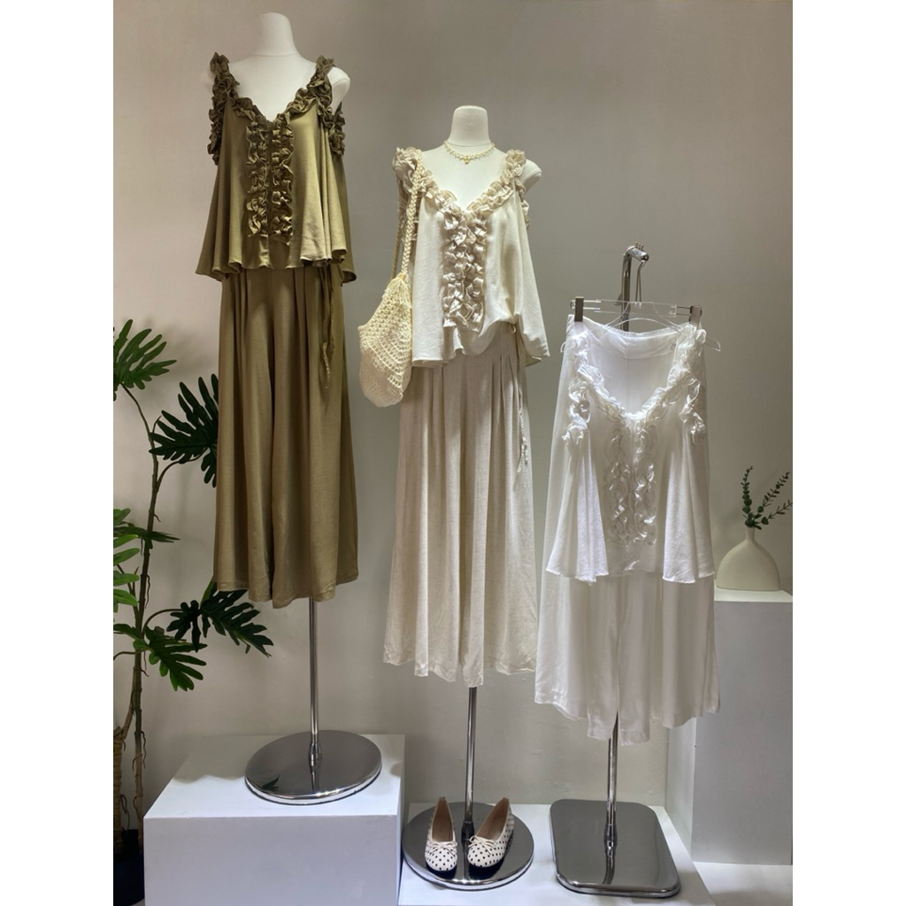 T40801เสื้อแขนกุดแต่งระบาย/กางเกงขายาวผ้าลินิน