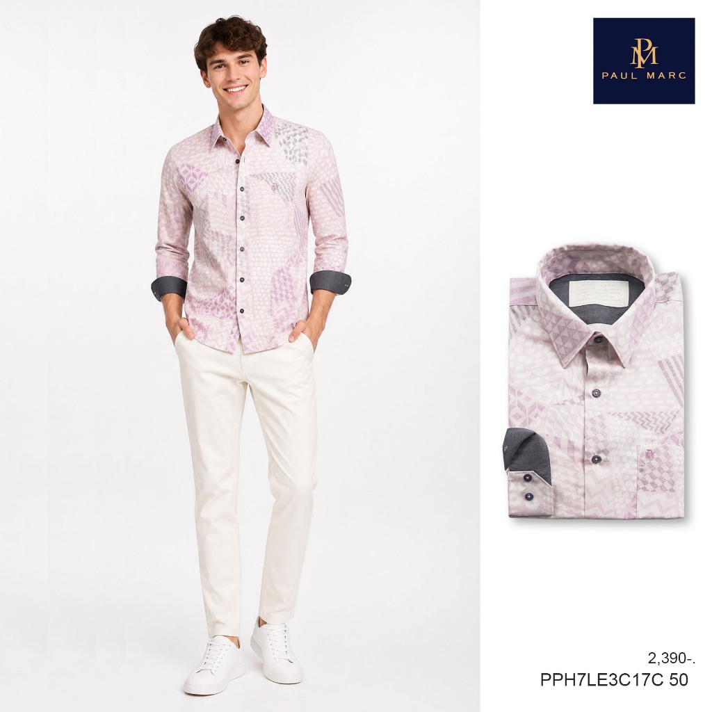 PAUL MARC เสื้อเชิ้ตลายพิมพ์กราฟฟิก สีชมพูพาสเทล แขนยาว slim fit 100% ผ้านุ่มมาก ยับยาก PPH7LE3C17C