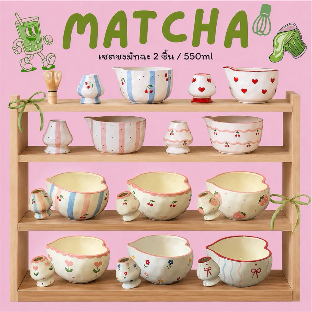 พร้อมส่ง🍒 ถ้วยชงมัทฉะ2ชิ้น Matcha bowl 550ml Chawan handmade ชามมัทฉะหัวใจเซรามิค Chaholder