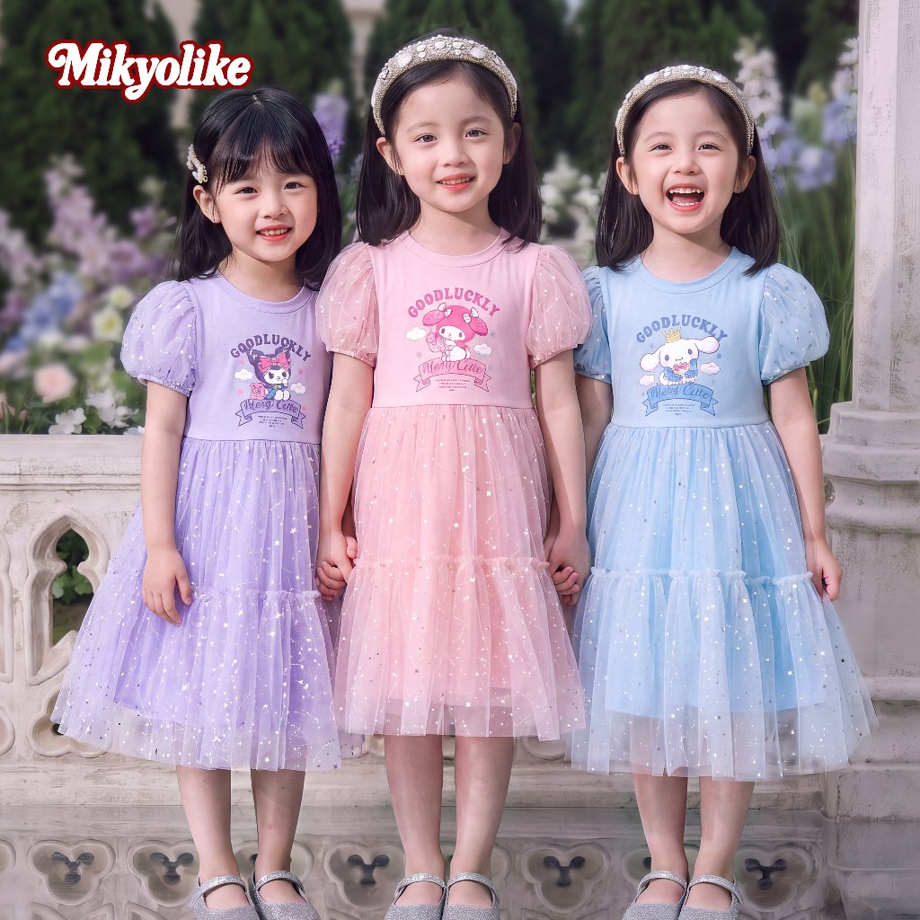 2-12 ปี ชุดเดรสเด็ก สาวเกาหลีฤดูร้อน ลายการ์ตูนสุดน่ารัก แขนเสื้อพอง ชุดเด็กผู้หญิง ผ้าทูลล์ านุ่มใสสบายฯ