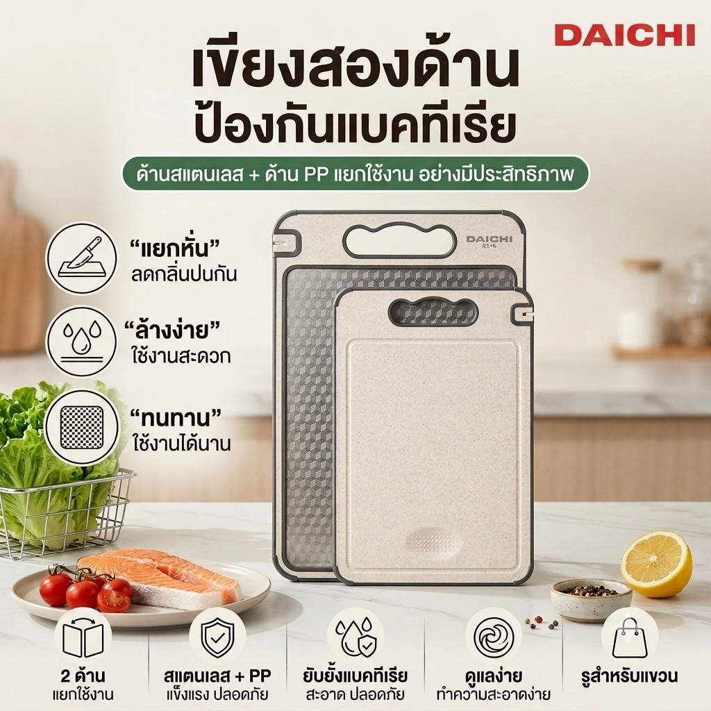 DAICHI เขียงสเตนเลส เขียงสองด้าน สำหรับหั่นเนื้อสัตว์ ผักผลไม้ พร้อมฟังก์ชั่น บด ลับมีด