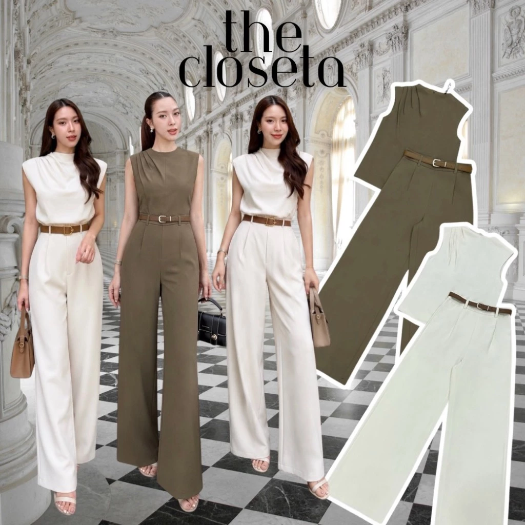THE CLOSETA : LV335 ชุดเซ็ทเสื้อคอปีนจับจีบช่วงไหล่ พร้อมกางเกงขายาว และเข็มขัดเข้าชุด สวยแบบมีคลาส