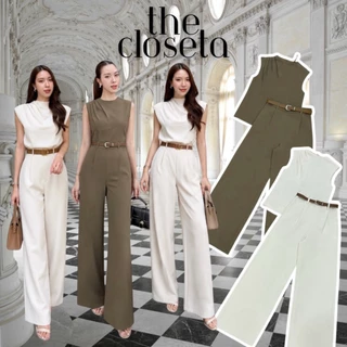 THE CLOSETA : LV335 ชุดเซ็ทเสื้อคอปีนจับจีบช่วงไหล่ พร้อมกางเกงขายาว และเข็มขัดเข้าชุด สวยแบบมีคลาส