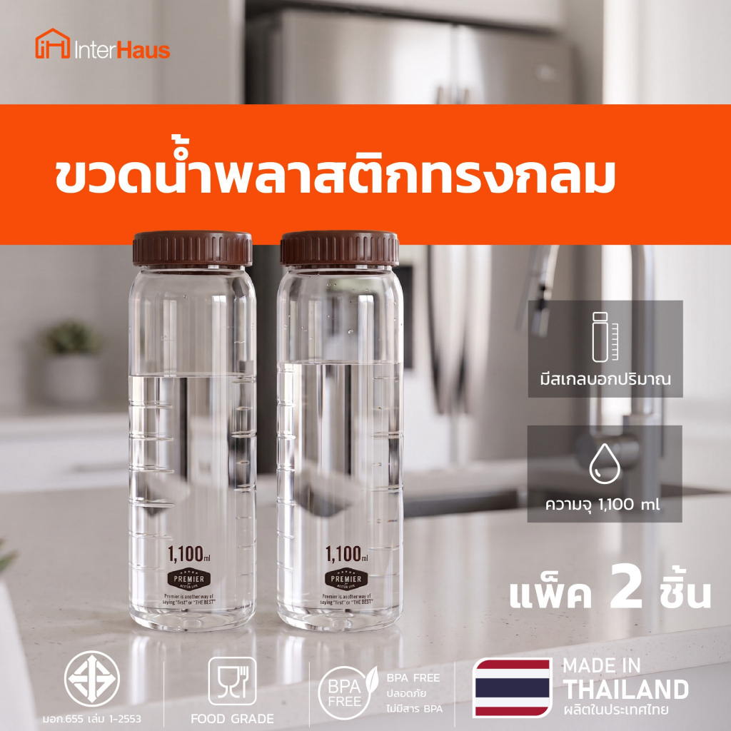 (1แพ็ค 2 ชิ้น)ขวดน้ำพลาสติกทรงกลม 1,100 มล. | น้ำหนักเบา พกพาสะดวก ฝาปิดแน่น