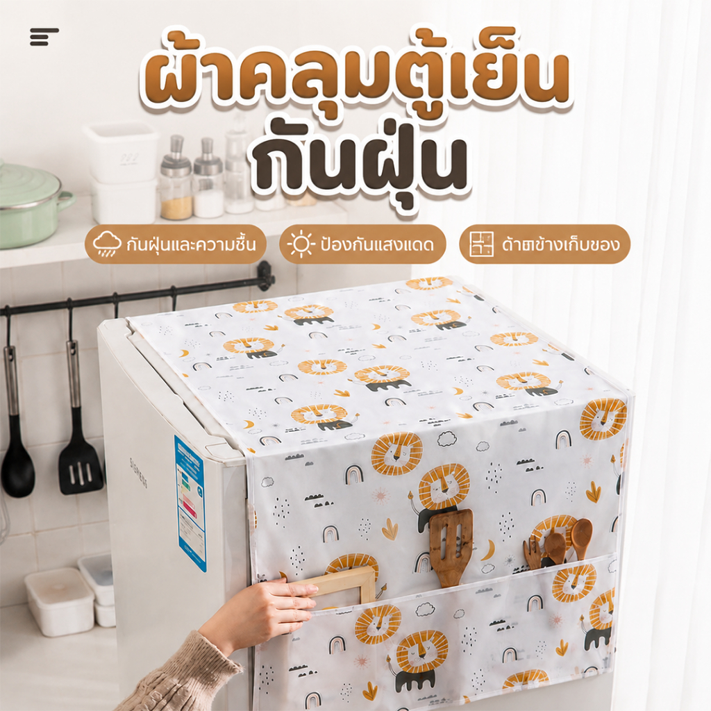 ผ้าคลุมตู้เย็น PEVA กันฝุ่น กันน้ำ ทำความสะอาดง่าย มีช่องเก็บของด้านข้าง คลุมตู้เย็น เครื่องใช้ไฟฟ้าในครัว ขนาด
